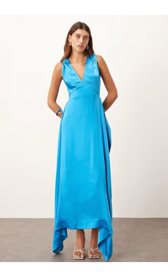 ARRANGE satin square cut maxi dress with twist shoulder in azure blue