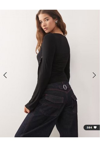 Weekday boat neck long sleeve top with eyelet split hem detail in black