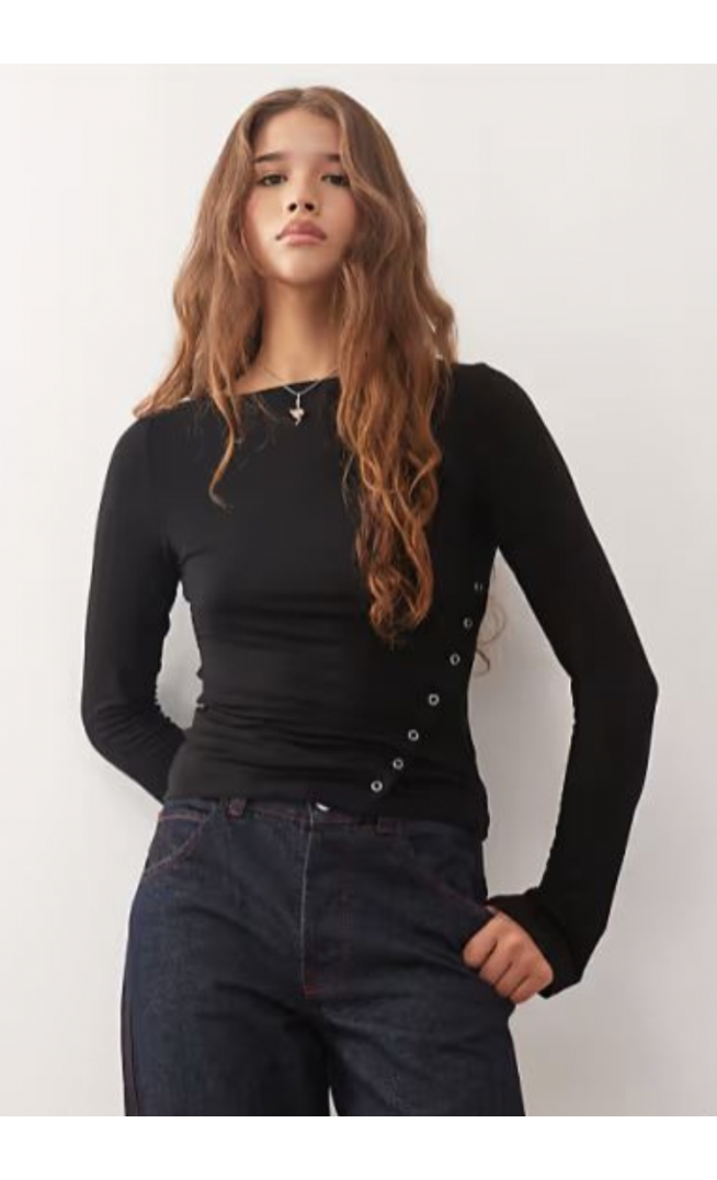 Weekday boat neck long sleeve top with eyelet split hem detail in black