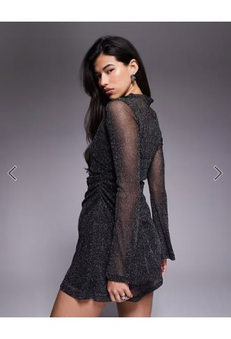 ASOS DESIGN grown on neck flute sleeve mini glitter mesh dress in black