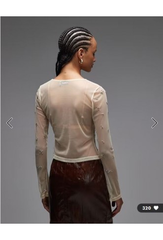 ASOS DESIGN scatter embellished sheer mesh long sleeve top in cream