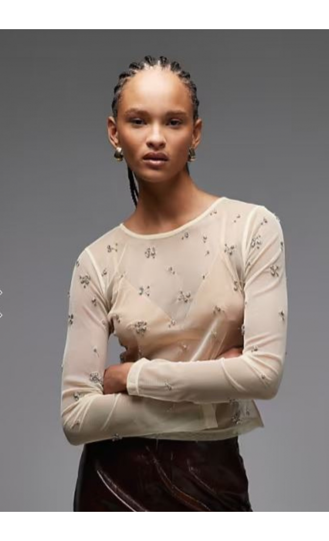 ASOS DESIGN scatter embellished sheer mesh long sleeve top in cream