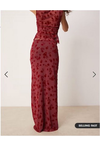 ASOS DESIGN flocked mesh low rise co ord maxi skirt in red