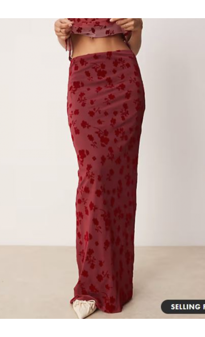 ASOS DESIGN flocked mesh low rise co ord maxi skirt in red