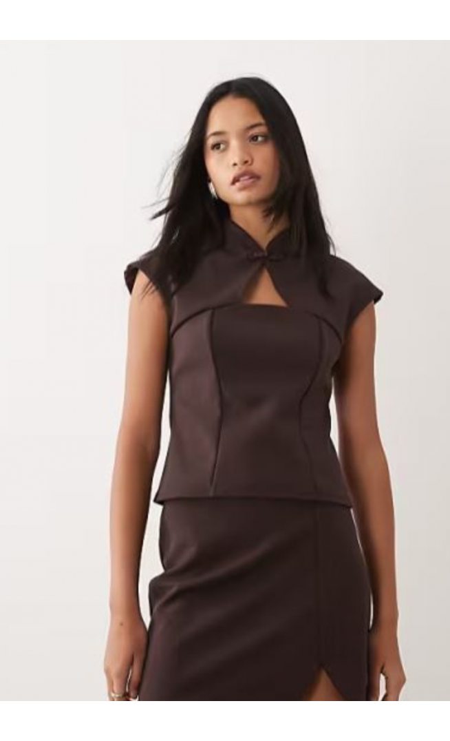 ASOS DESIGN co-ord collar detail top in brown