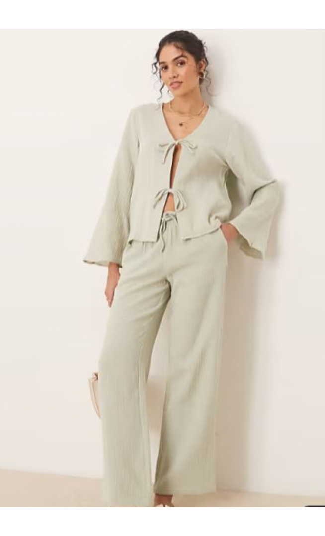 JDY tie front cheesecloth shirt co-ord in sage