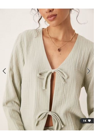 JDY tie front cheesecloth shirt co-ord in sage