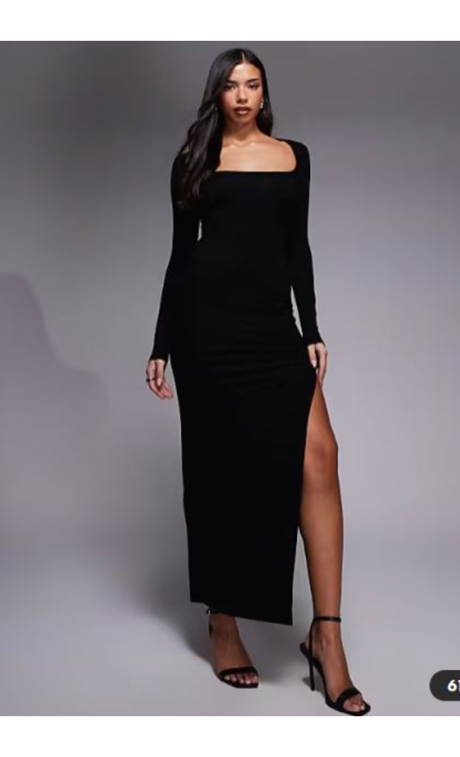 ASOS DESIGN long sleeve super scoop maxi dress with side split in black
