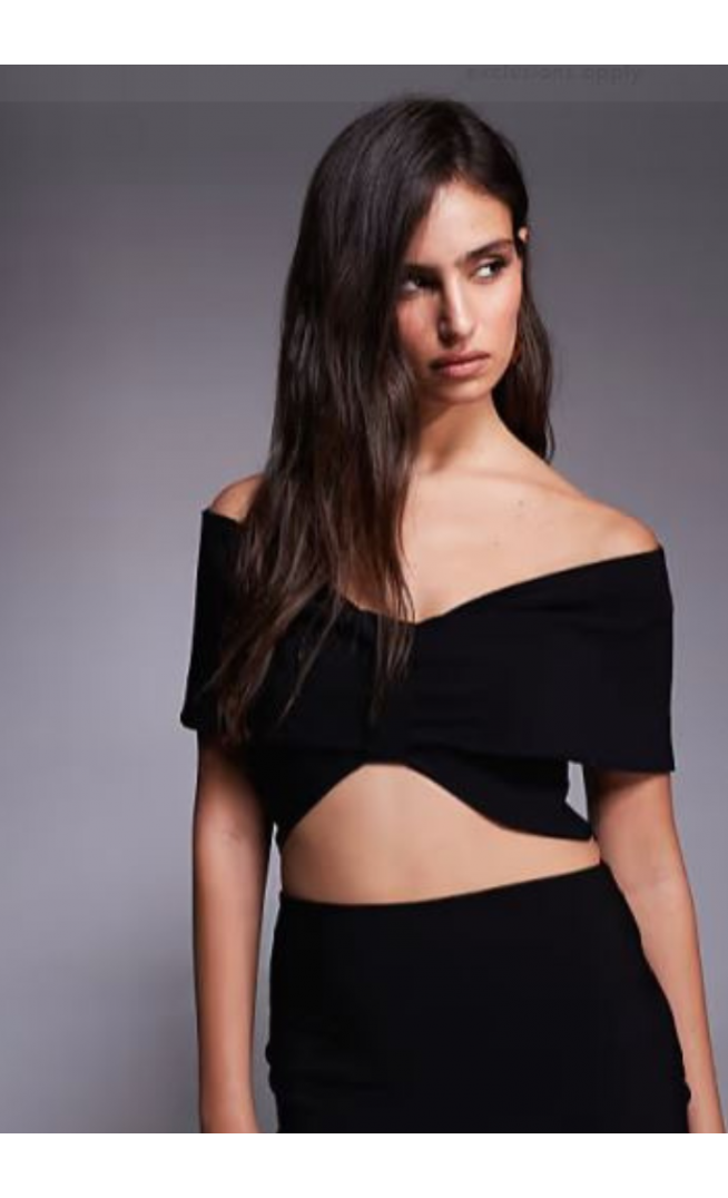 Vesper bengaline off shoulder twist front crop top co-ord in black