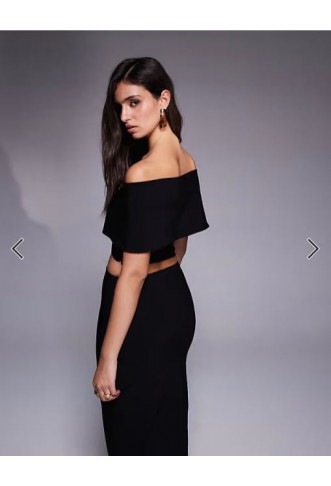 Vesper bengaline off shoulder twist front crop top co-ord in black
