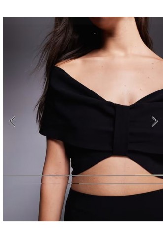 Vesper bengaline off shoulder twist front crop top co-ord in black