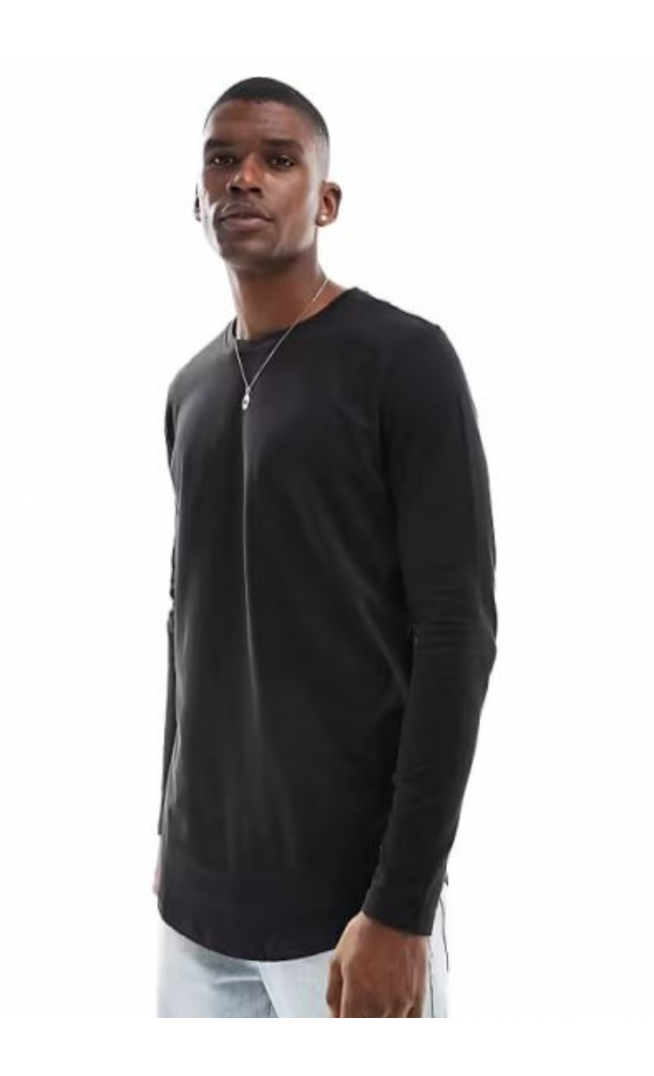 Jack & Jones Essentials longline long sleeve t-shirt with curve hem in black