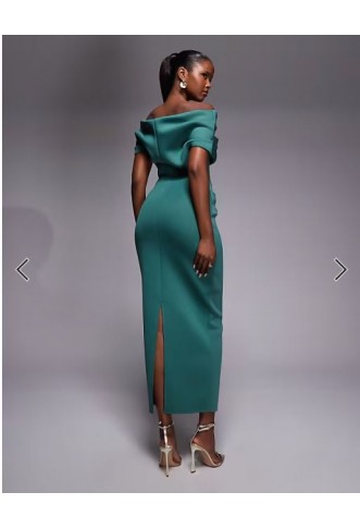 ASOS DESIGN ruched bardot midi dress in teal scuba-style fabric