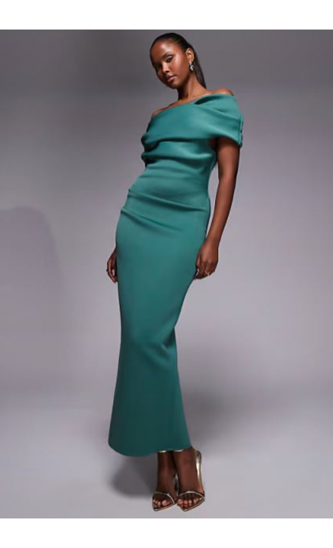 ASOS DESIGN ruched bardot midi dress in teal scuba-style fabric