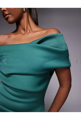 ASOS DESIGN ruched bardot midi dress in teal scuba-style fabric