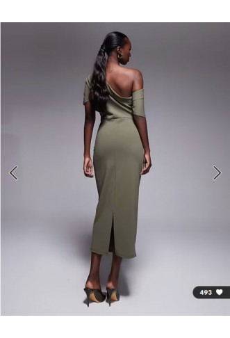 ASOS DESIGN pleated shoulder pencil midi dress in khaki