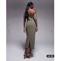 ASOS DESIGN pleated shoulder pencil midi dress in khaki