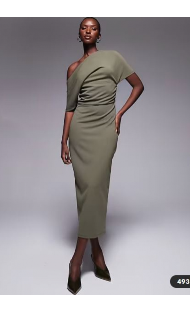 ASOS DESIGN pleated shoulder pencil midi dress in khaki
