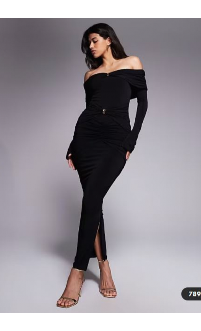 Ruched & Ready sculpted off shoulder gold hardware detail ruched bodycon maxi dress in black