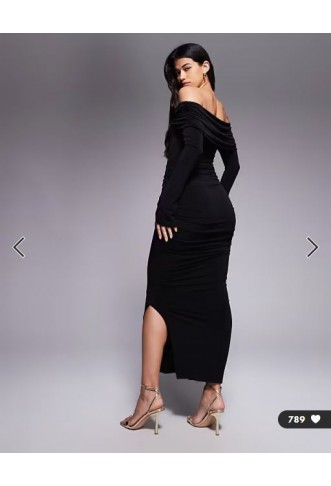 Ruched & Ready sculpted off shoulder gold hardware detail ruched bodycon maxi dress in black