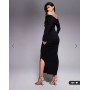 Ruched & Ready sculpted off shoulder gold hardware detail ruched bodycon maxi dress in black
