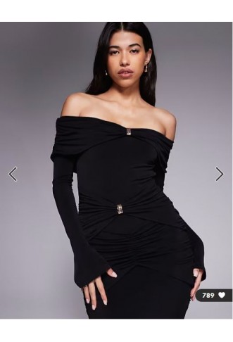 Ruched & Ready sculpted off shoulder gold hardware detail ruched bodycon maxi dress in black