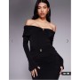 Ruched & Ready sculpted off shoulder gold hardware detail ruched bodycon maxi dress in black