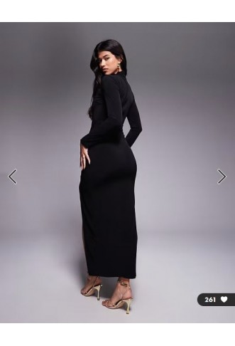 TFNC long sleeve maxi dress with thigh split in black