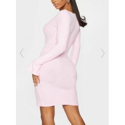 shape baby pink brushed rib split sleeve bodycon dress