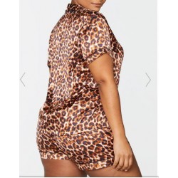 PLUS BROWN LEOPARD BUTTON UP SHORT SATIN PJ SET