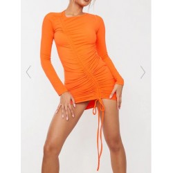 ORANGE RIBBED LONG SLEEVE ASYMMETIC RUCHED BODYCON DRESS