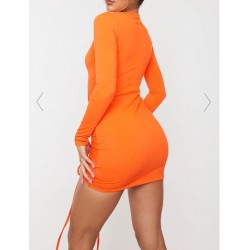 ORANGE RIBBED LONG SLEEVE ASYMMETIC RUCHED BODYCON DRESS