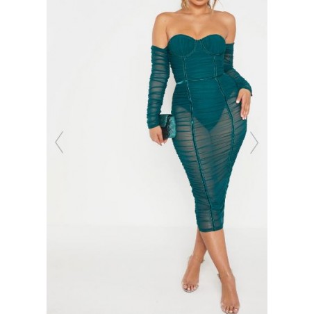 Share    JASPER GREEN MESH RUCHED VELVET BINDED BARDOT MIDI DRESS