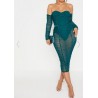 Share    JASPER GREEN MESH RUCHED VELVET BINDED BARDOT MIDI DRESS