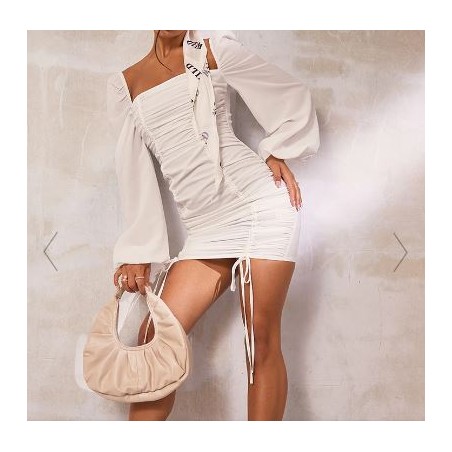 WHITE CHIFFON DOUBLE RUCHED BODYCON DRESS