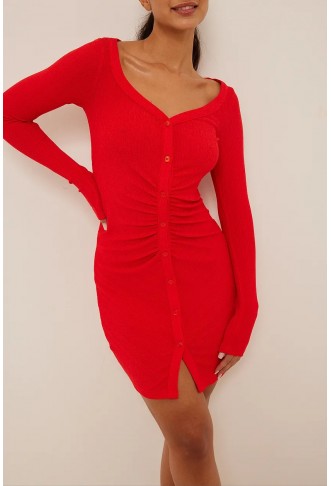 Scoop Neck Rouched Button Dress