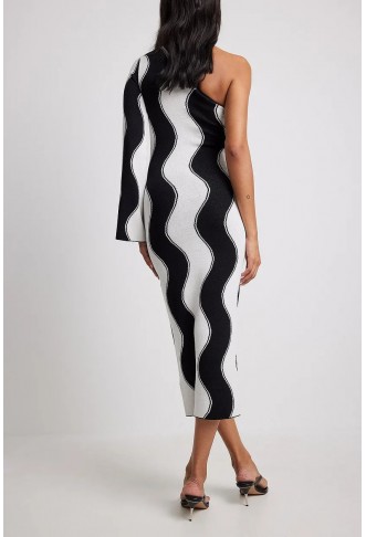 One Shoulder Wide Stripe Knitted Midi Dress