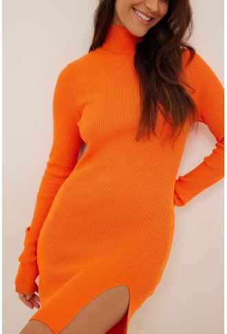 Recycled High Neck Knitted Slit Mini Dress