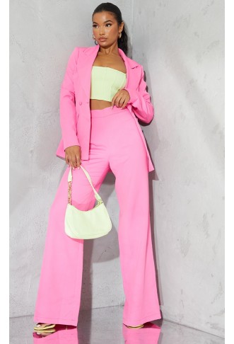 BRIGHT PINK WOVEN HIGH WAISTED TAILORED WIDE LEG TROUSERS