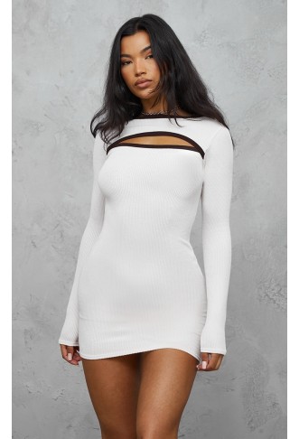 CREAM RIBBED CUT OUT LONG SLEEVE BODYCON DRESS