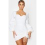 WHITE LONG SLEEVE SWEETHEART NECK RUCHED BODYCON DRESS