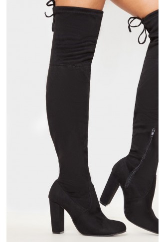 BESS BLACK FAUX SUEDE HEEL THIGH BOOTS