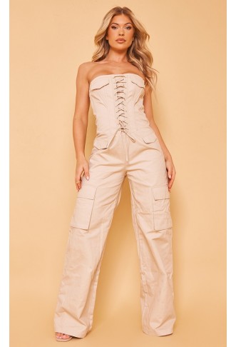 STONE WOVEN CARGO STYLE LACE UP BANDEAU JUMPSUIT