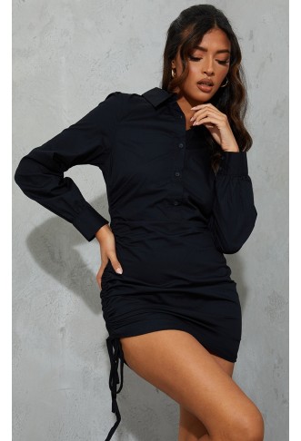 BLACK FITTED RUCHED SIDE SHIRT DRESS