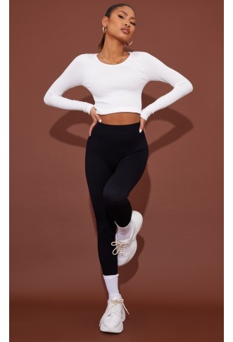 WHITE STRUCTURED CONTOUR RIBBED ROUND NECK LONG SLEEVE CROP TOP