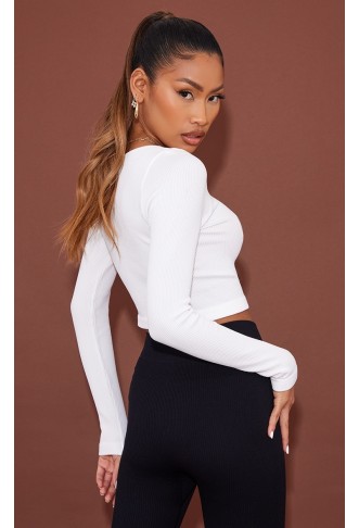 WHITE STRUCTURED CONTOUR RIBBED ROUND NECK LONG SLEEVE CROP TOP