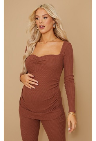 MATERNITY CHOCOLATE RUCHED BUST BRUSHED RIB TOP