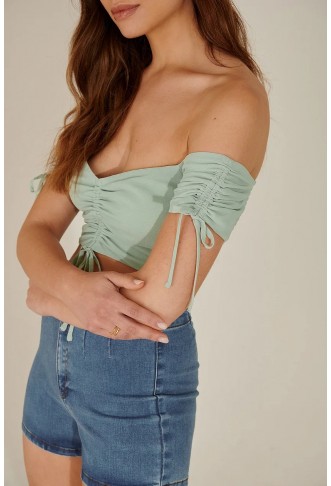Off Shoulder Recycled Cropped Drawstring Top