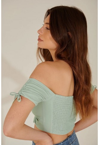 Off Shoulder Recycled Cropped Drawstring Top