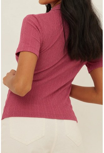 Rouched Detail Short Sleeve Collar Top